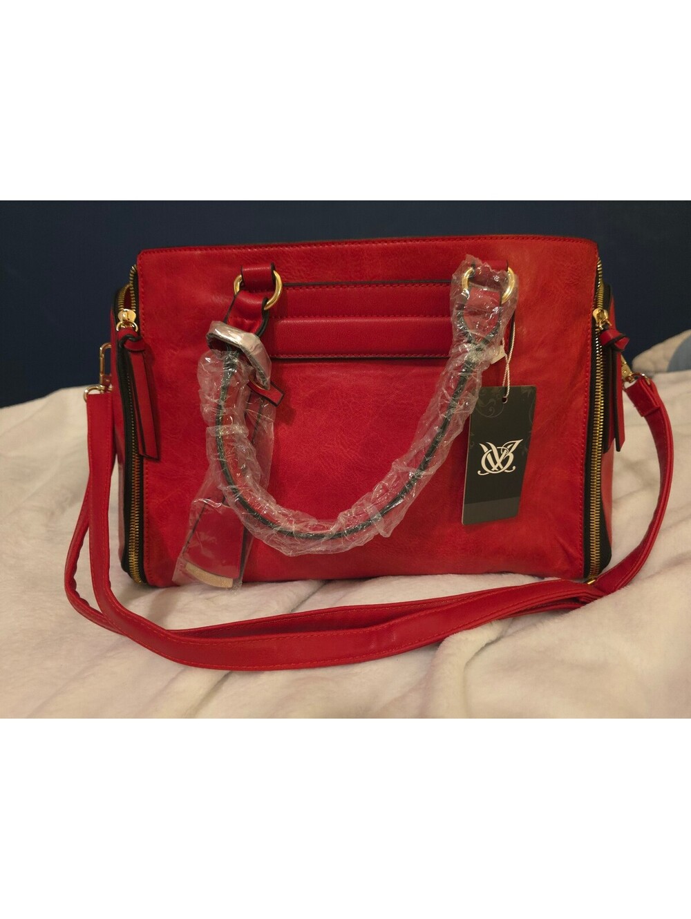 Red structured handbag with pouch